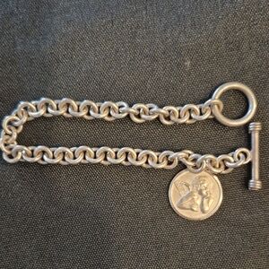 Sterling Silver 925 Toggle Charm Chain Bracelet with Angel Charm